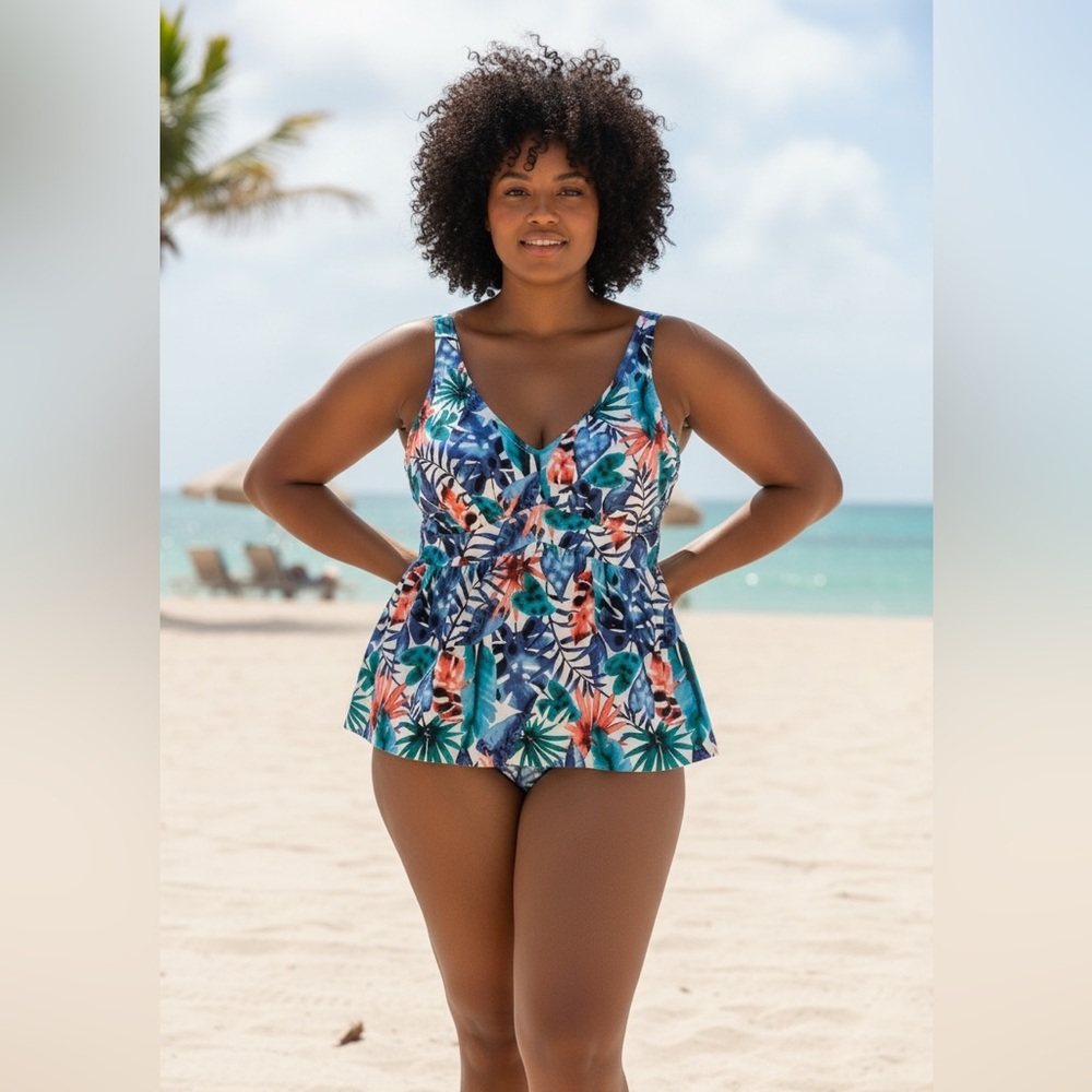 Vibrant Tropical Print Vintage Swimsuit Romper Dress Size 18W